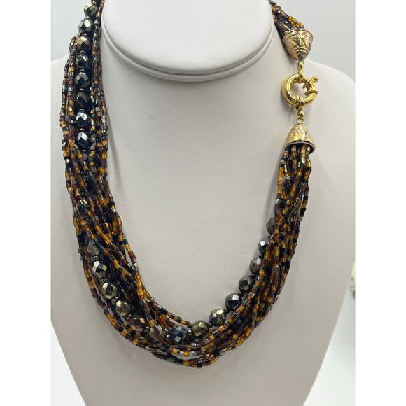 MultiStrand Brown Black Seed Bead Beaded Necklace Gold Tone Large Closure - Picture 3 of 9